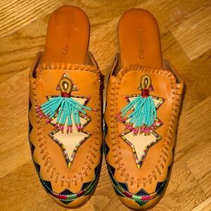 Farm Rio Colorful Stars Beaded Tassel Mule Slide Size 8 Made in Brazil, EUC